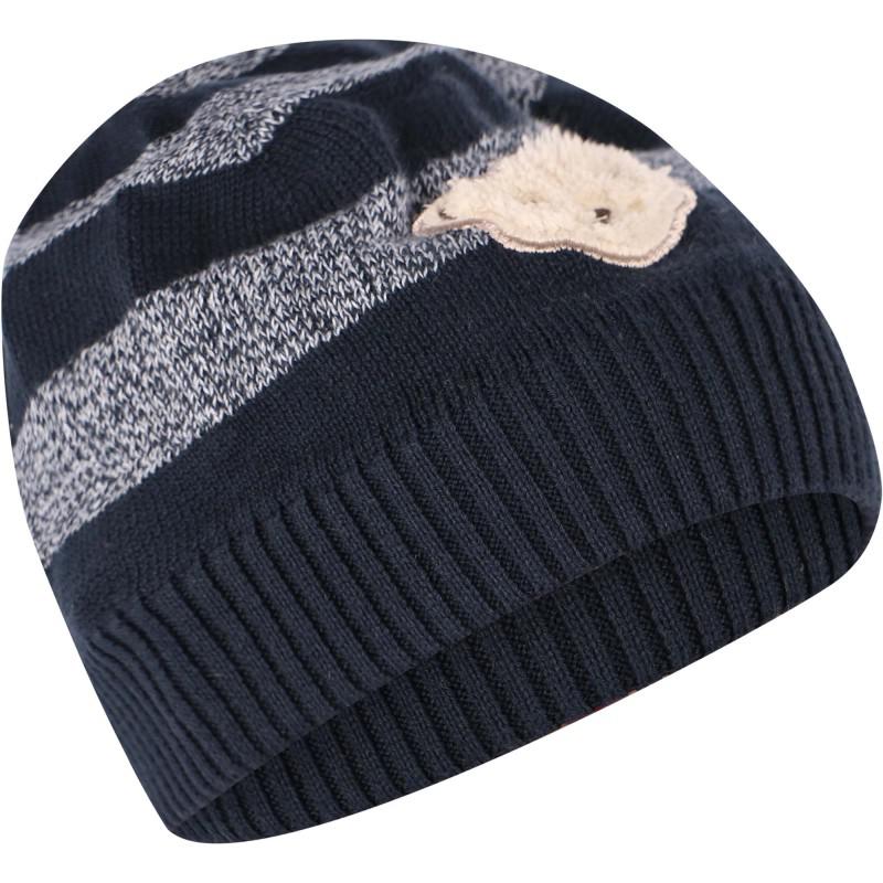 Steiff Bear logo striped beanie in navy and grey