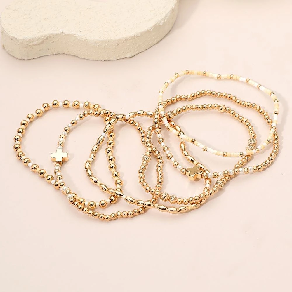 FASHNZFAB 6PCS - Cross Charm Accent Seed Beaded Stretch Multi Layered Bracelets 2