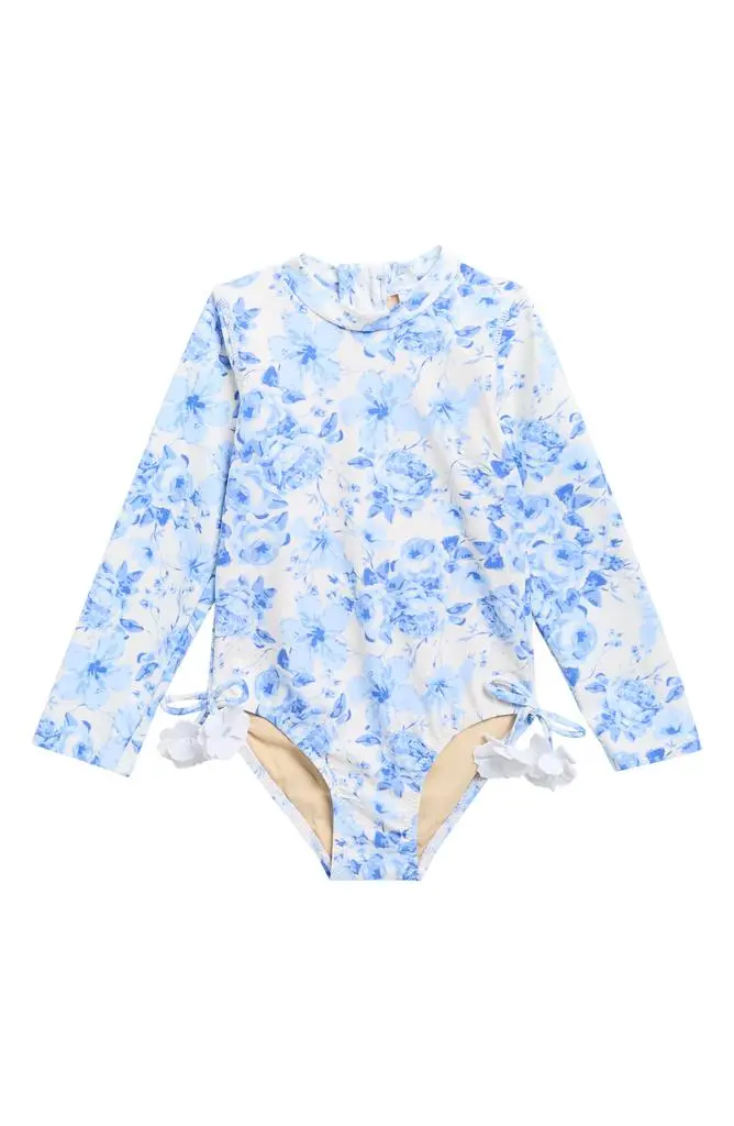 Kids' Hibiscus Rose Long Sleeve One-Piece UPF 50+ Rashguard Swimsuit