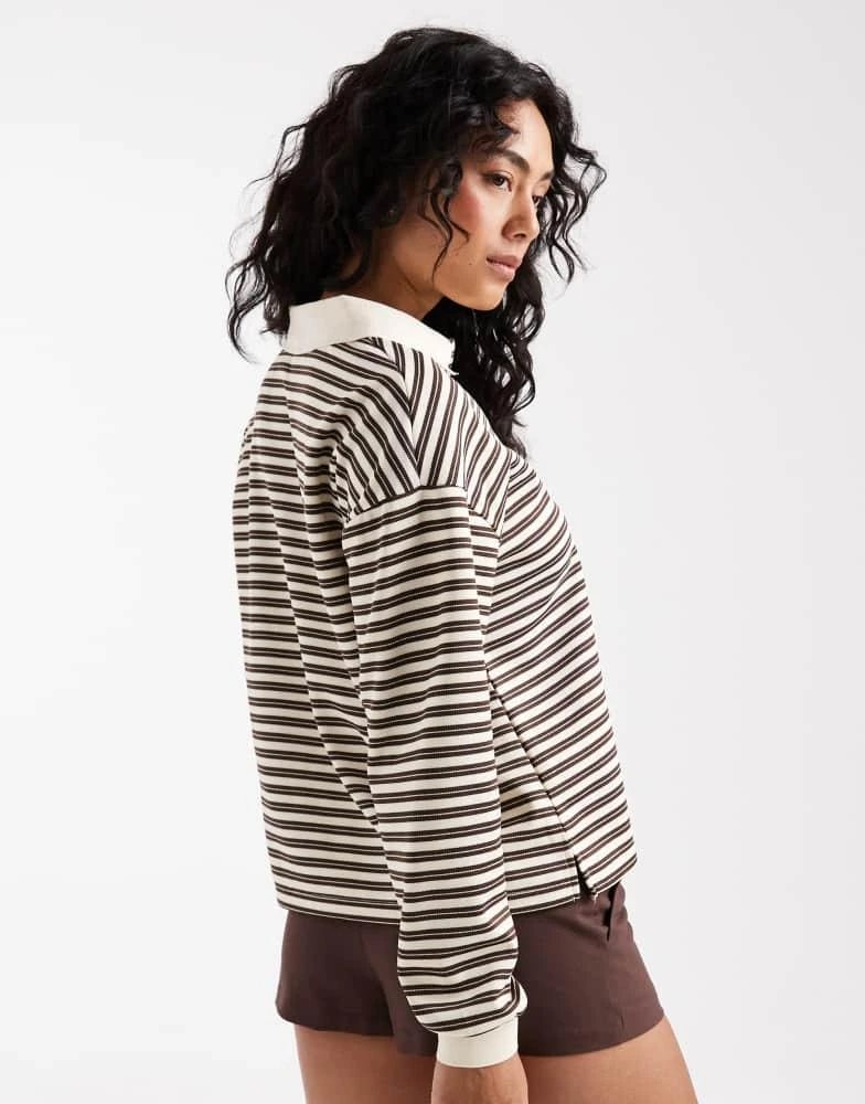 Brave Soul Brave Soul long sleeve rugby top in cream and brown stripe 3