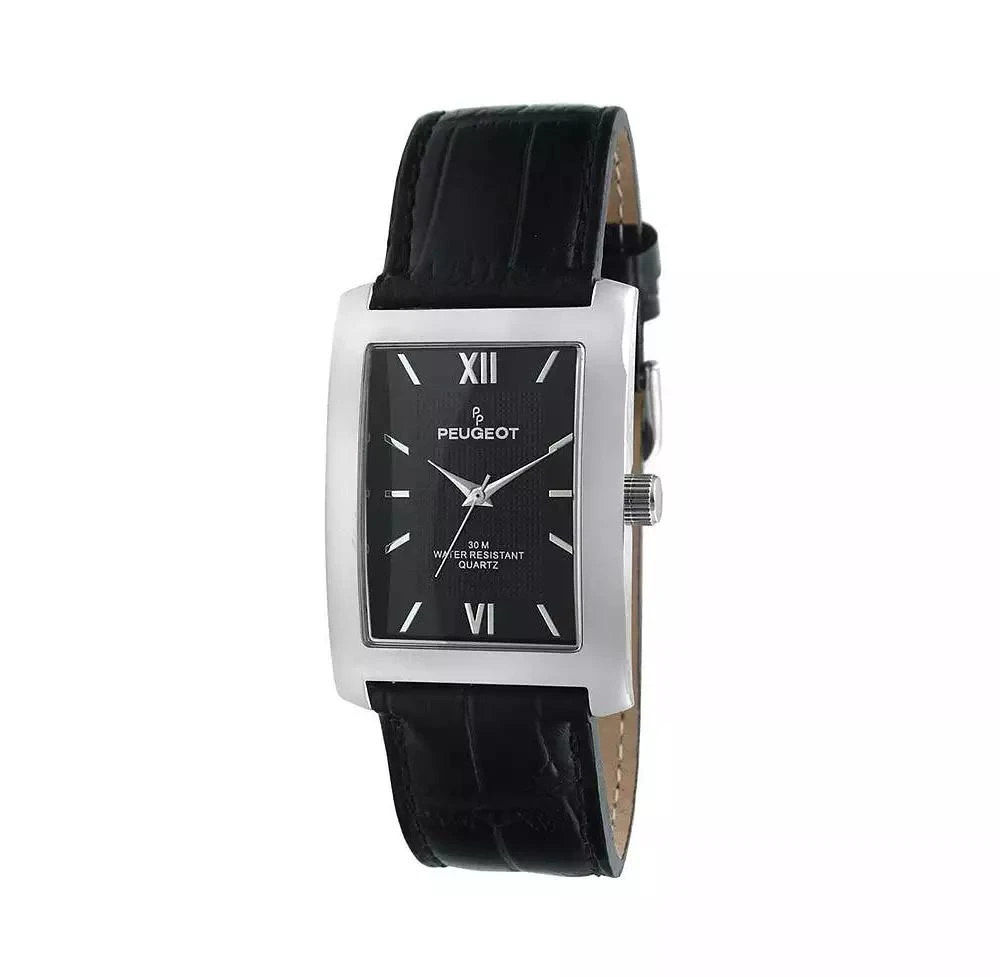 Peugeot Men's 30X40mm Silver Tank Shape Watch with Black Dial and Black Leather Strap 1