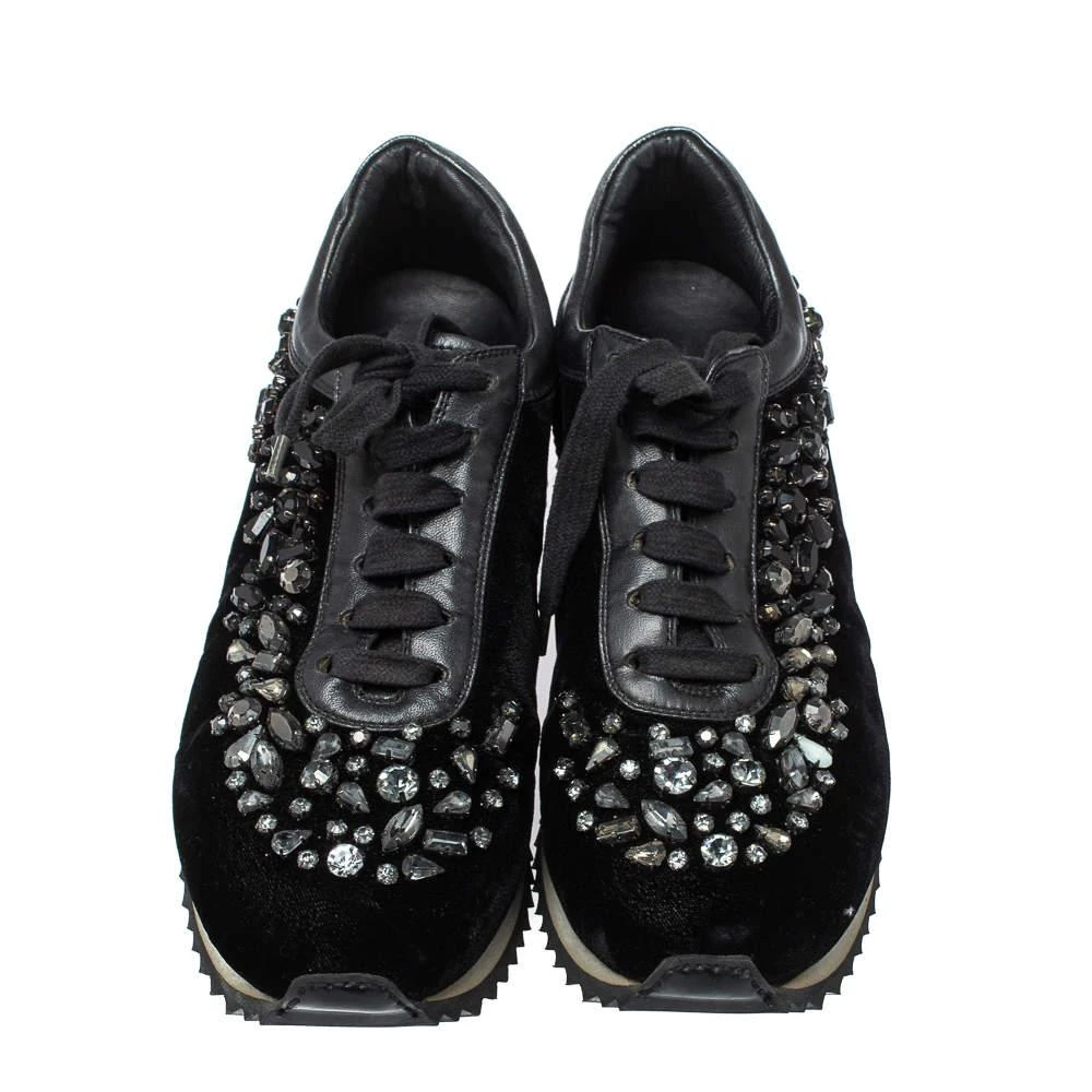 LE SILLA Le Silla Black Velvet and Leather Crystal Embellished Low Top  Sneakers Size 36.5 3