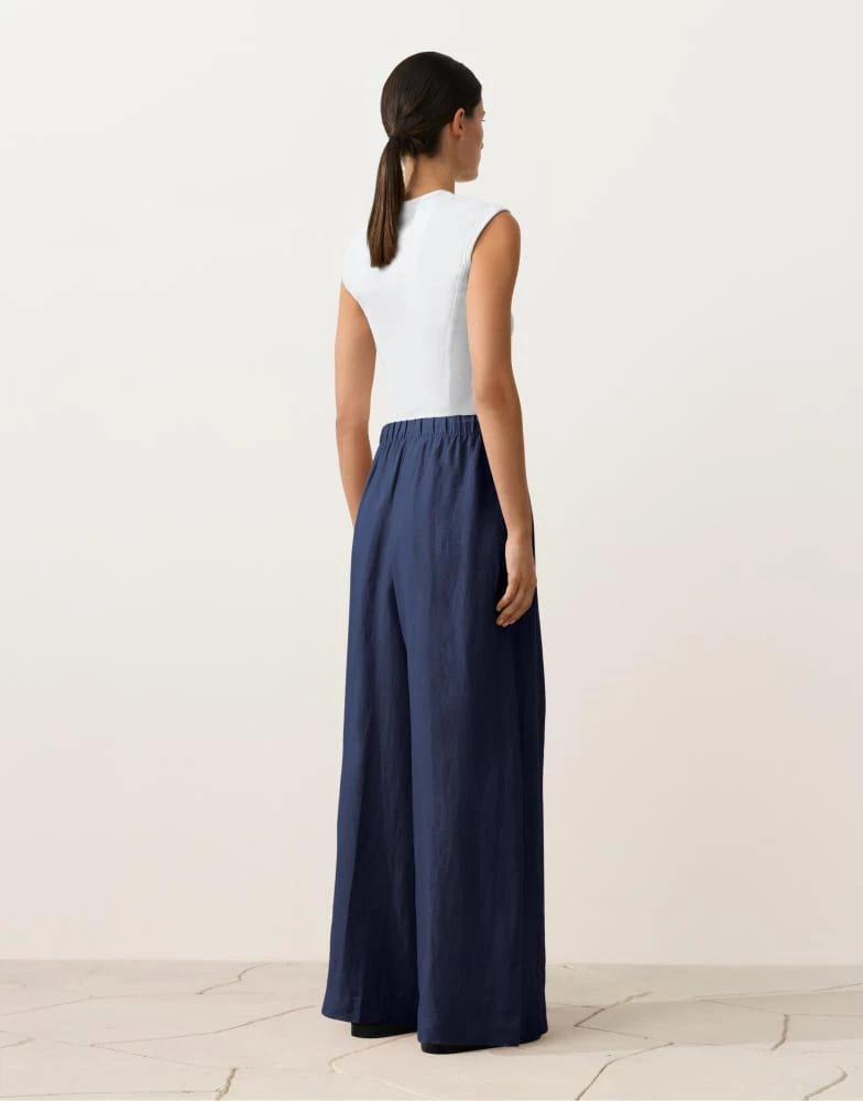 OYSHO OYSHO 100% linen wide leg trousers in navi blue 3