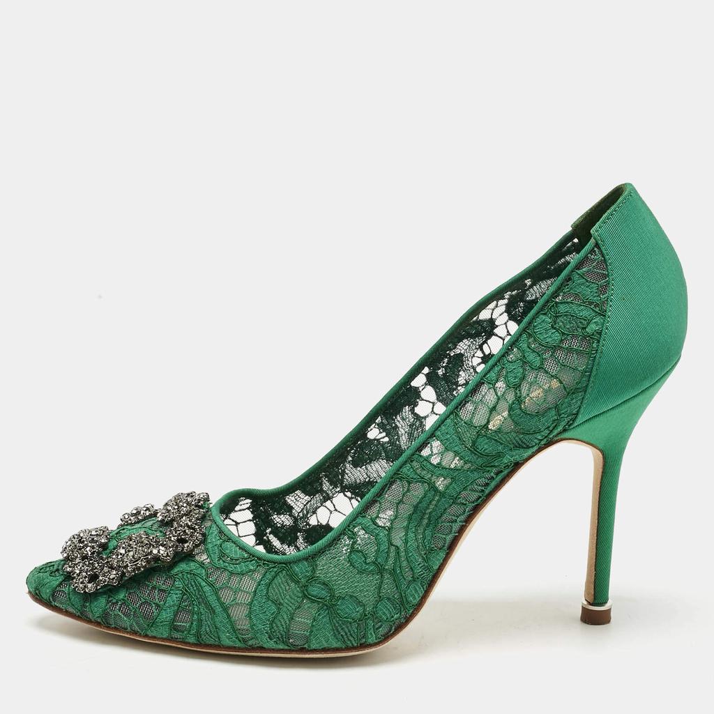 Manolo Blahnik Manolo Blahnik Green Lace and Mesh Hangisi Pumps Size 37.5