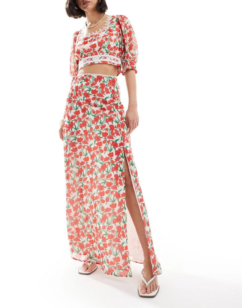 Hope & Ivy Hope & Ivy maxi skirt with thigh split in cherry print co-ord 3