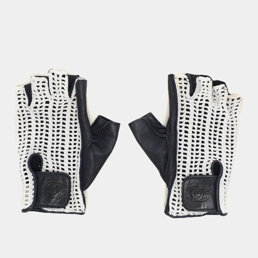 Chanel Chanel Navy Blue/White Leather and Crochet Fingerless Gloves