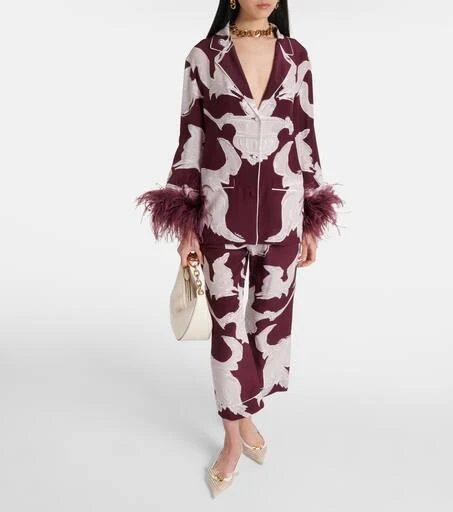 Valentino Printed feather-trimmed silk crêpe de chine blouse 2