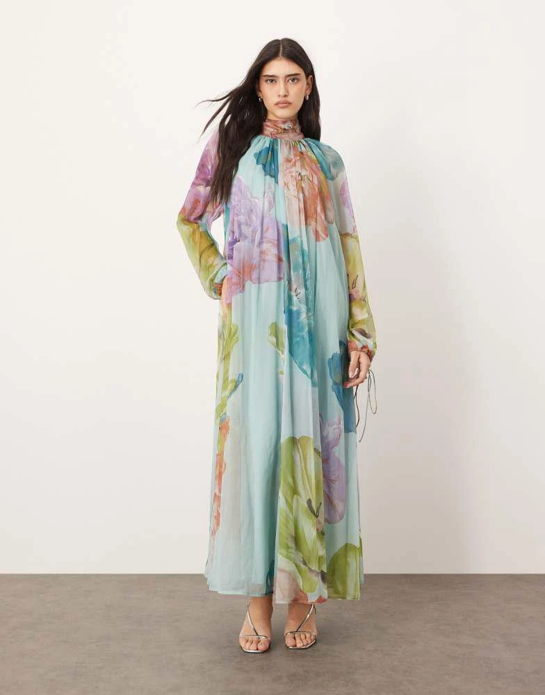 ARRANGE ARRANGE chiffon high neck trapeze maxi dress in large blue floral print 1
