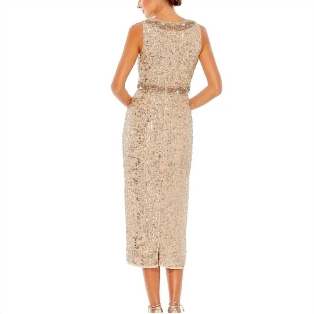 Mac Duggal Sleeveless Sequin Highneck Column Midi Dress In Gold