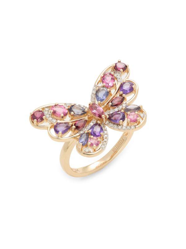 Effy 14K Yellow Gold, 0.15 TCW Diamond & Multi-Stone Butterfly Cluster Ring