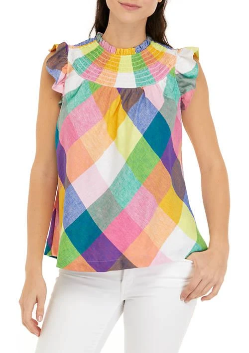 Crown & Ivy™ Ivy Womens Flutter Sleeve Plaid Smocked Top 1