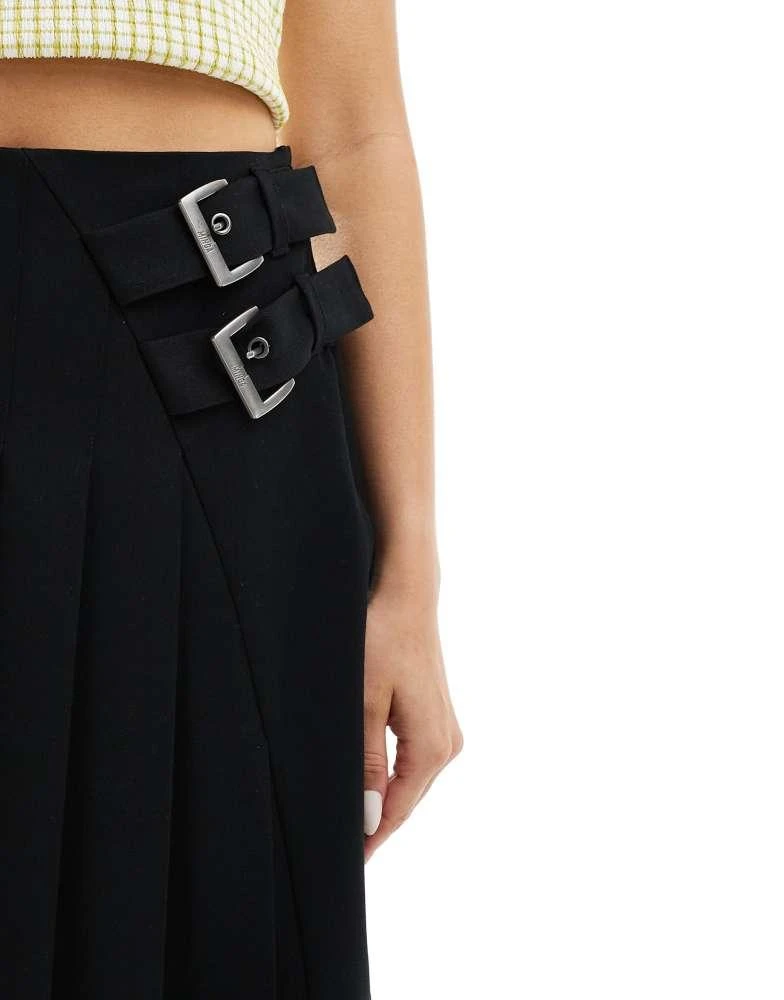 minga Minga London black asymmetric midi kilt skirt with buckle detailing 3