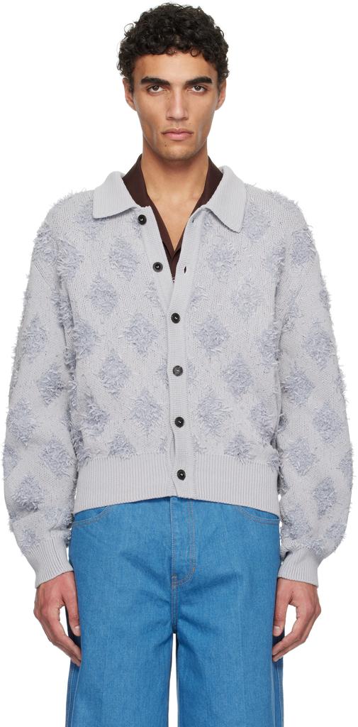 Recto Gray Fringe Jacquard Knit Cardigan