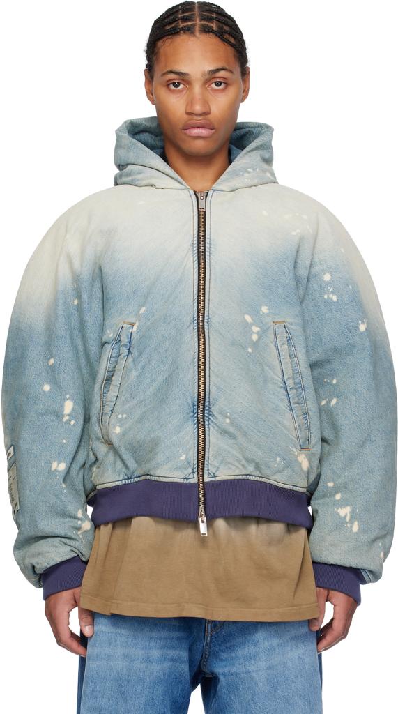 【BLUER/BLR】DAMAGED WORK DENIM HOOD JACET Blue Workwear Seamless Hooded Zip Up Denim Jacket – On Sale Now