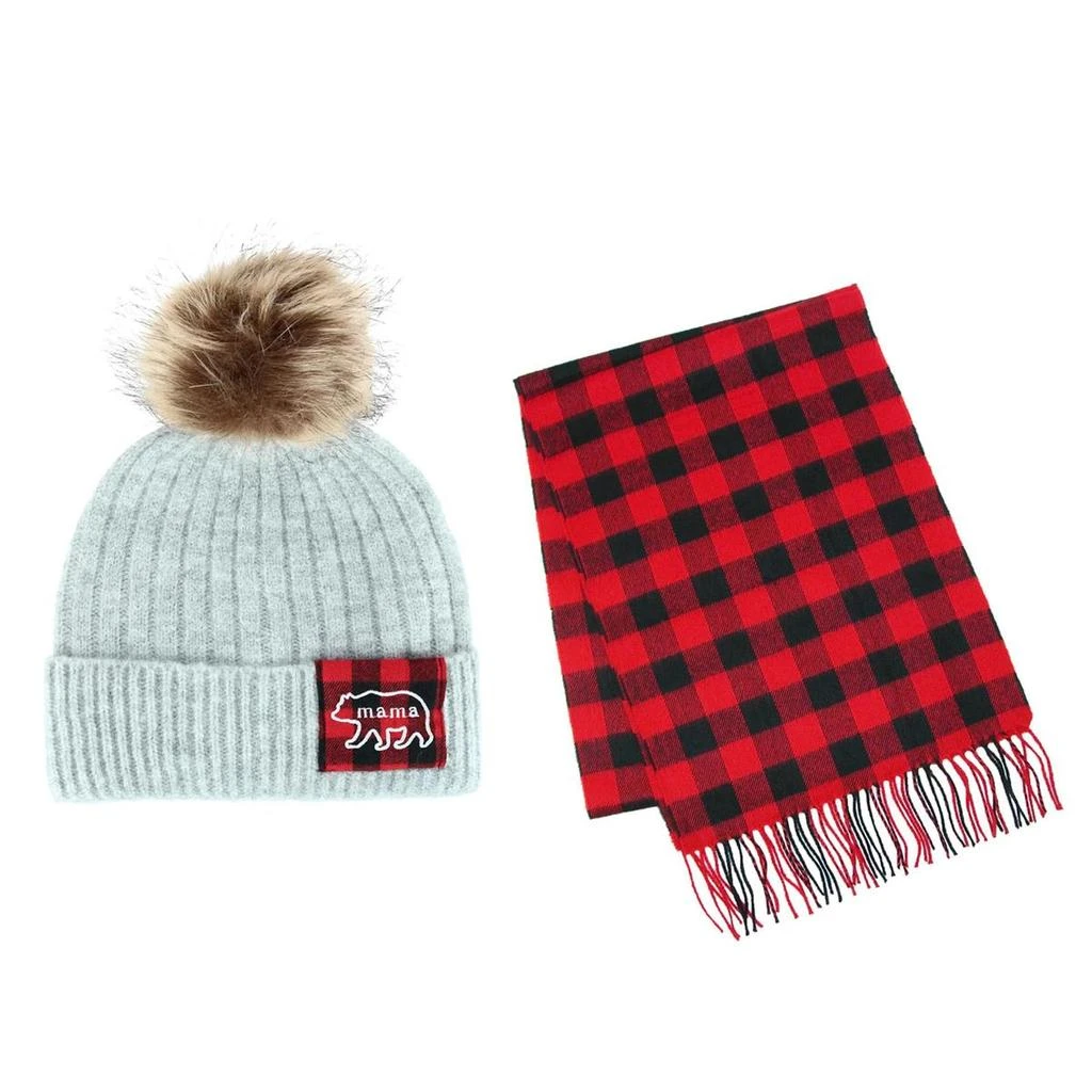 David & Young Women's Mama Bear Winter Beanie and Matching Buffalo Plaid Scarf Set 1