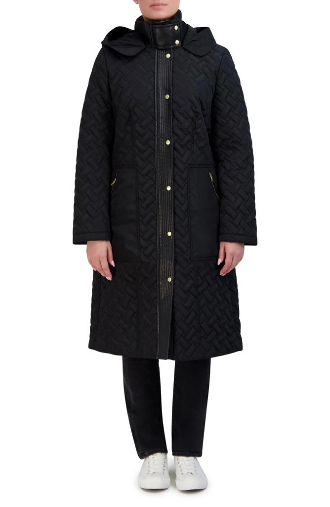 Cole Haan Leather Trim Hooded Quilted Coat