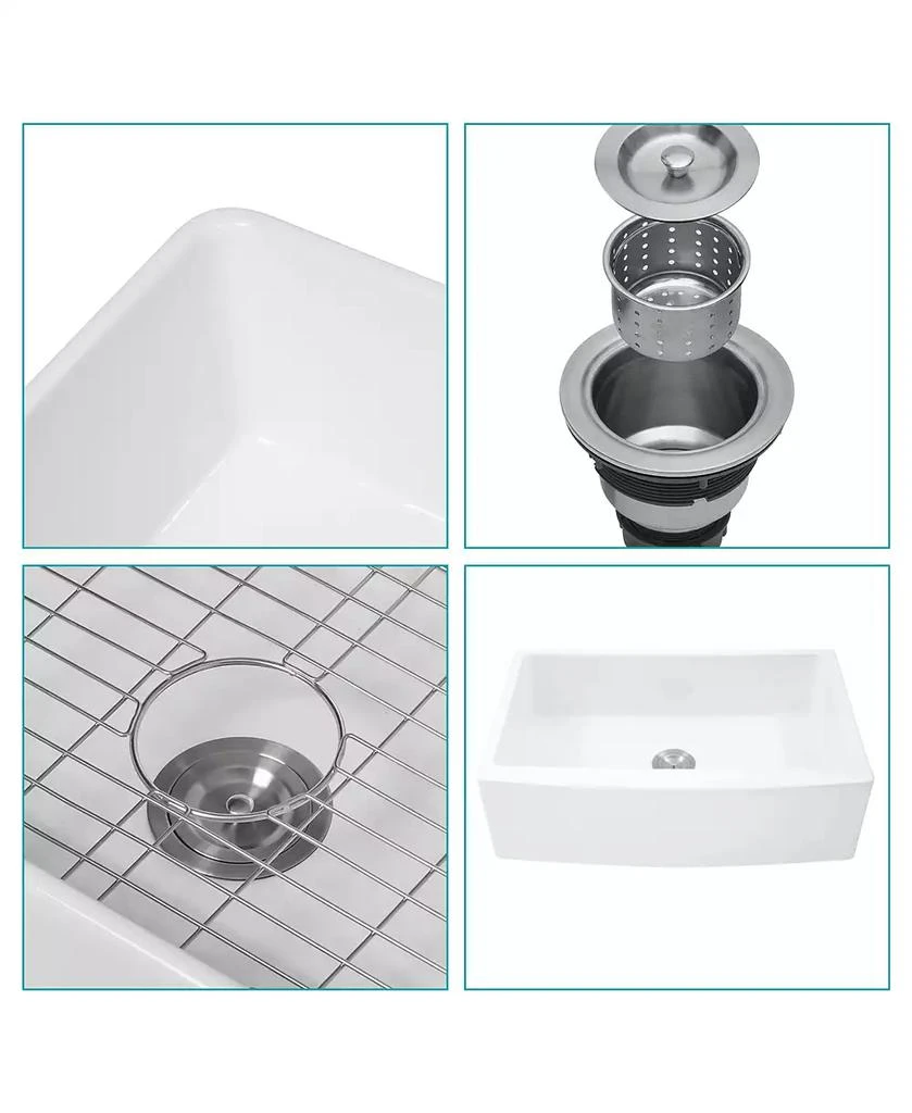 Flynama 30x21x10 Inch White Farmhouse Kitchen Sink Ceramic Porcelain Arch Edge Apron Front Single Bowl With Drain Assembly Dish Grid 5