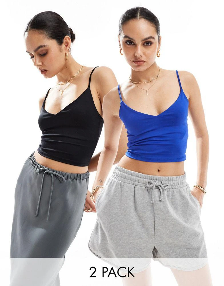 Stradivarius Stradivarius polyamide cami top 2 pack in black & blue 1