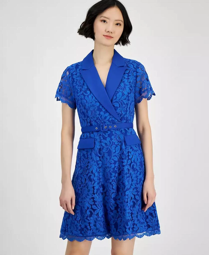 Tahari Tahari Petite Notch-Lapel Belted A-Line Lace Dress 3
