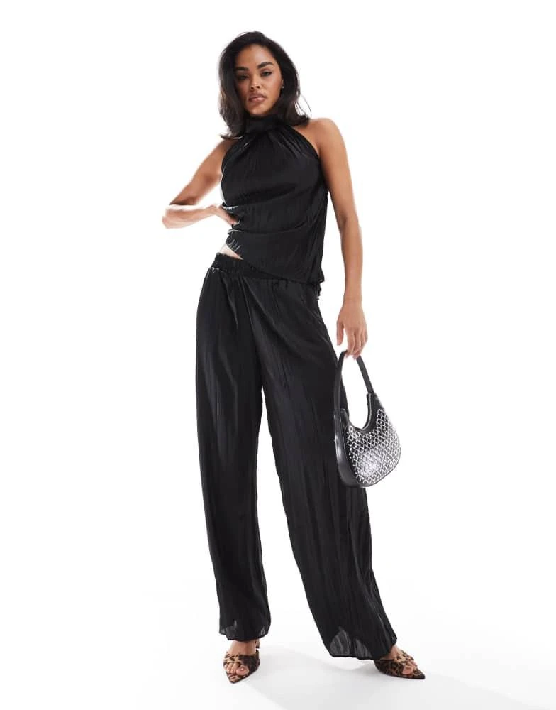 River Island River Island plisse satin wide leg trouser co-ord in black 1