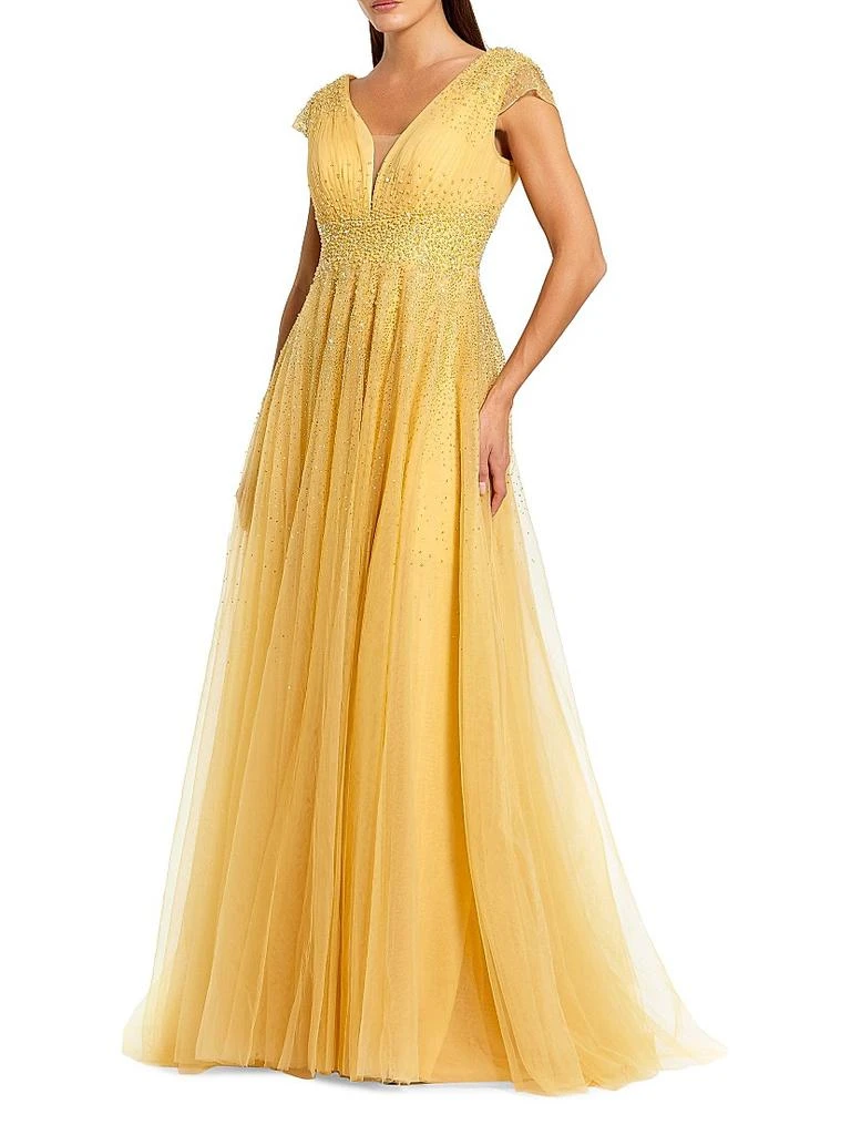 Mac Duggal - Yellow Embellished Cap Sleeve V Neck Tulle Gown - US 4