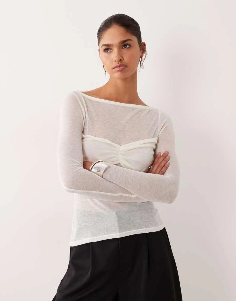 ASOS ASOS DESIGN knit-look semi sheer long sleeve top with ruched bust overlay in ivory