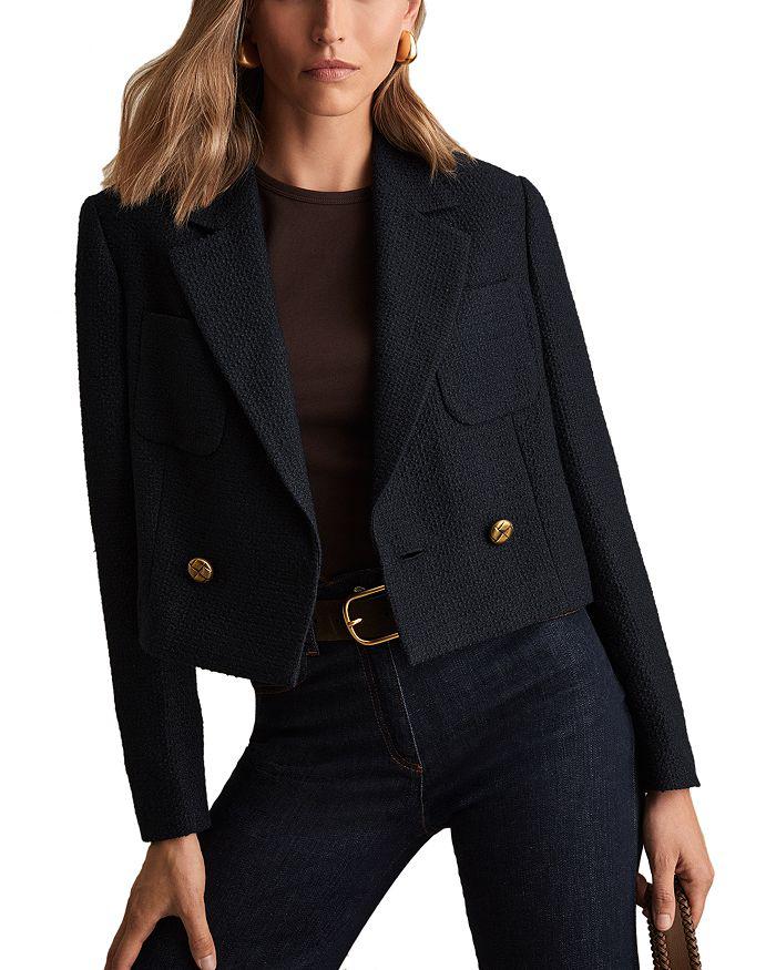 REISS Mia Cropped Double Breasted Textured Blazer Navy