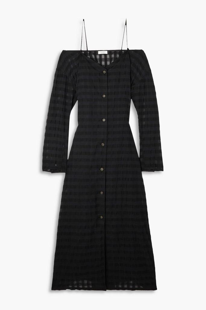 DEVEAUX Belted cold-shoulder checked seersucker midi dress