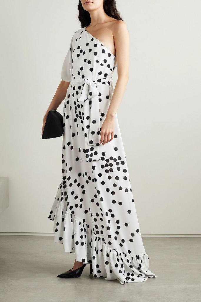 Monique Lhuillier One-shoulder belted ruffled polka-dot crepe gown