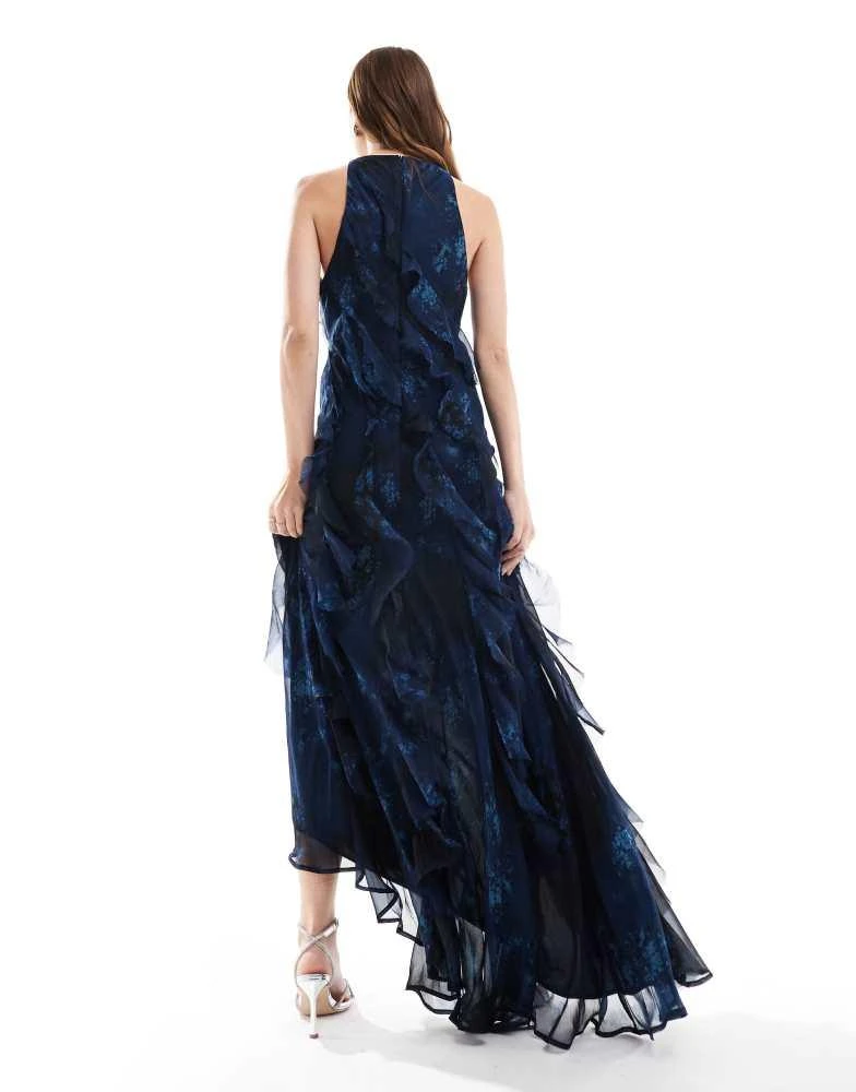 ASOS ASOS DESIGN racer neckline ruffle maxi dress with hi low hem in teal floral print 3