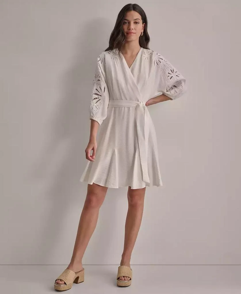 DKNY Women's V-neck Embroidered-trim Belted Dress 1