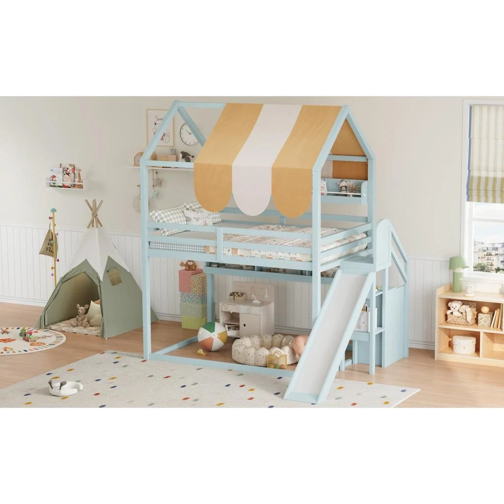 Streamdale Furniture Streamdale Full Size house Bed with Canopy, Slide 
Built-In Bookshelves, Light green 6