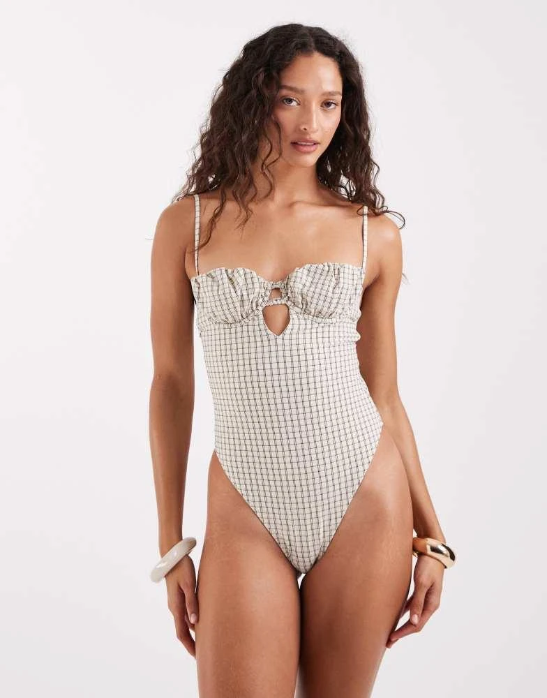 ASOS ASOS DESIGN Piper paper touch check ruched balcony swimsuit in checked print