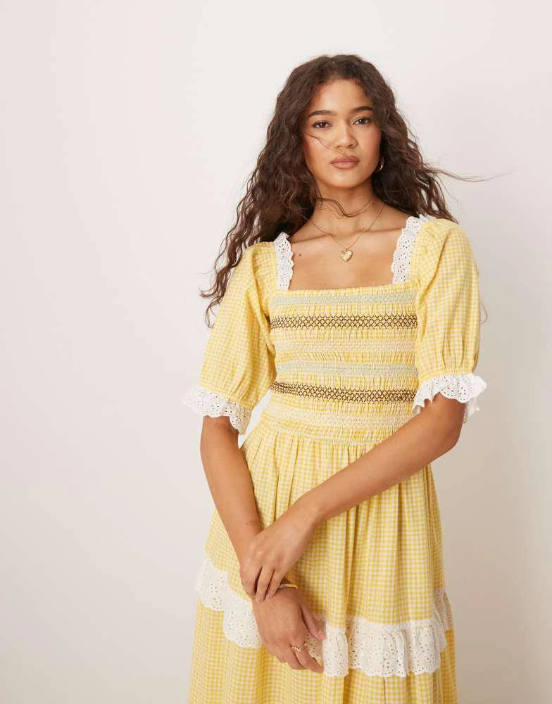 green emerald velvet dress Yellow Floral Print Smocked Detail Midi Dress