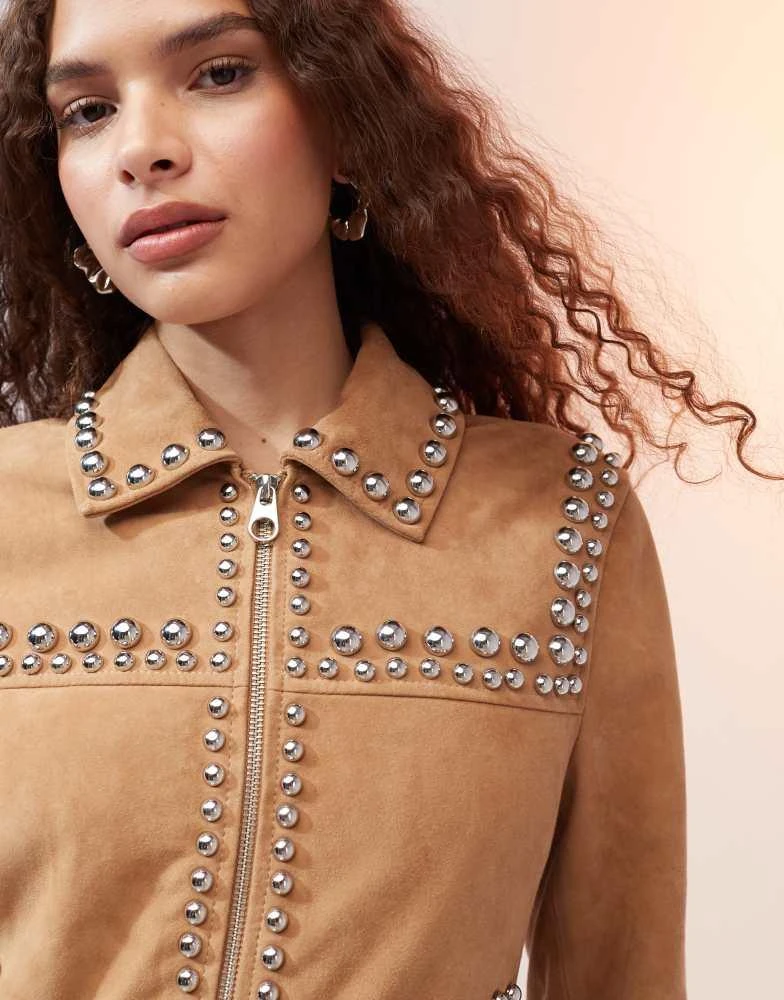 Mango Mango western studded suede jacket in brown 3