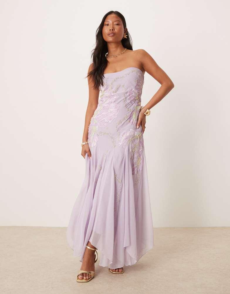 ASOS ASOS DESIGN Petite bandeau floral embellished maxi dress in lavender