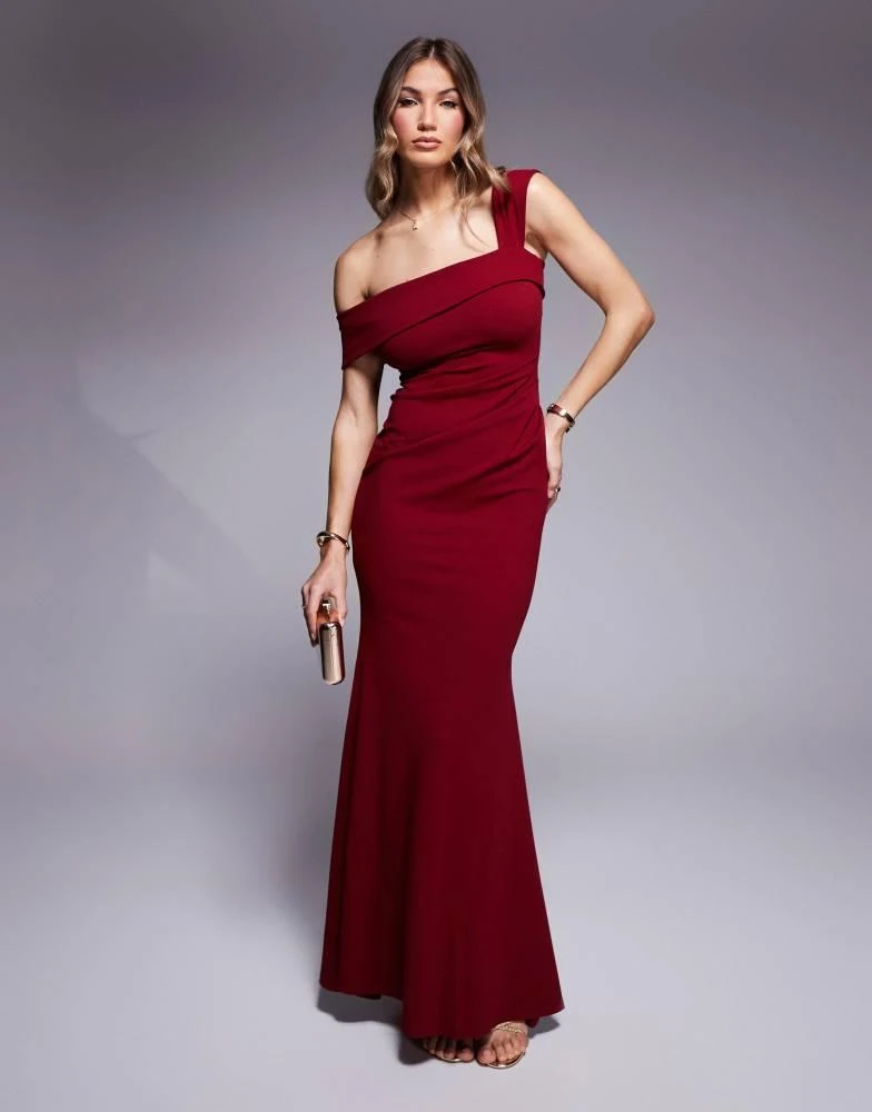 Goddiva Goddiva Off the shoulder pleated waist maxi dress in wine 2