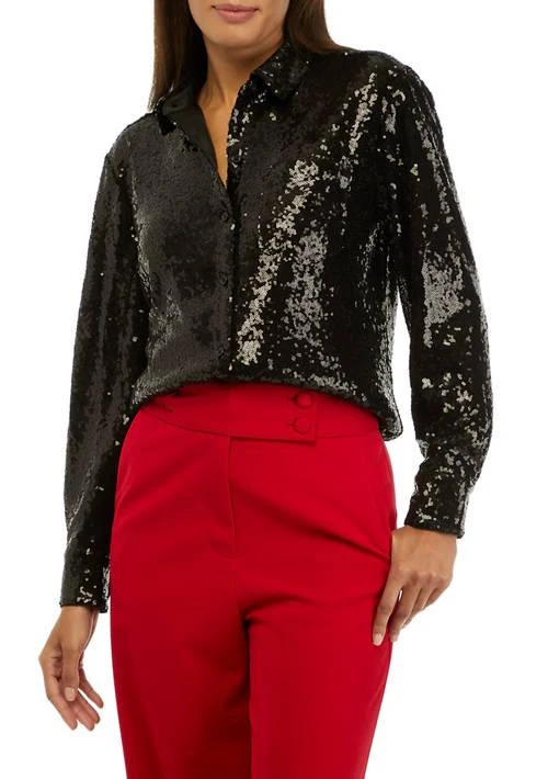 Crown & Ivy™ Ivy Womens Long Sleeve Sequin Boyfriend Shirt 1