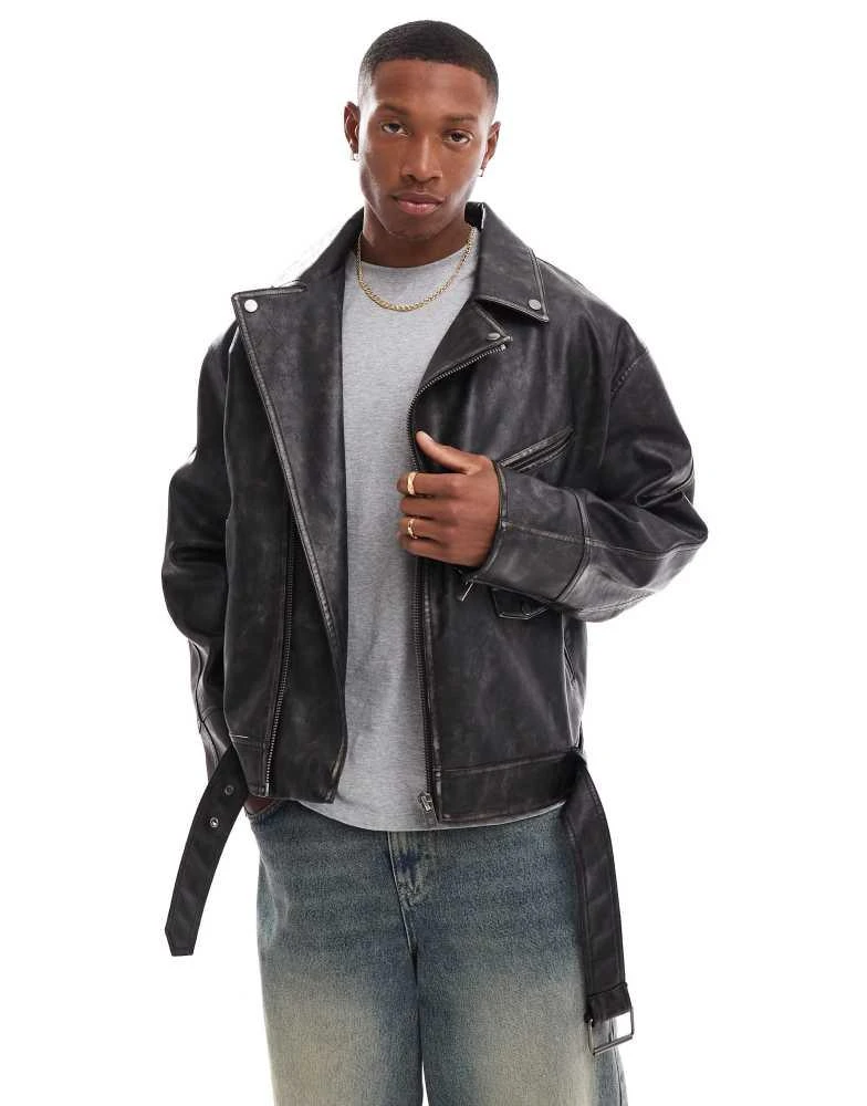 Bershka Bershka faux leather washed biker jacket in black 1