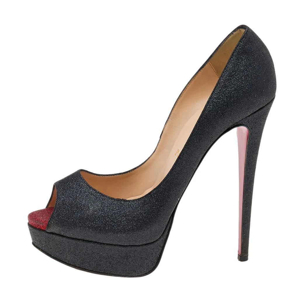 Christian Louboutin Christian Louboutin Black Shimmer Fabric New Very Prive Peep Toe Platform Pumps Size 38.5 2