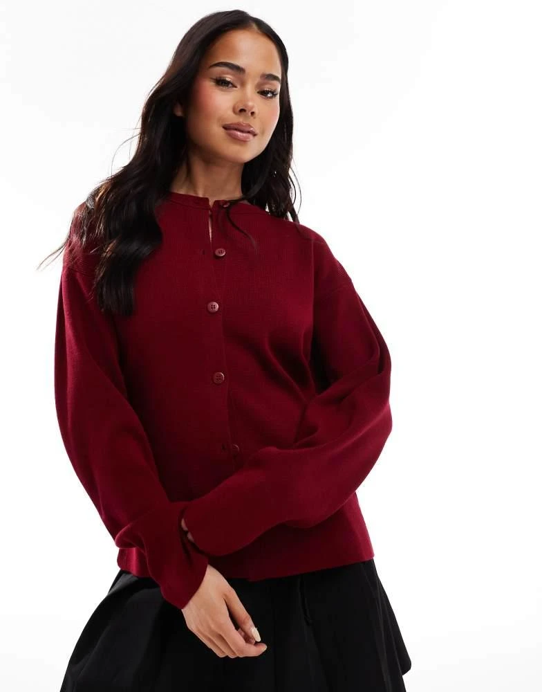 ASOS ASOS DESIGN knitted structured crew neck cardigan in burgundy 1