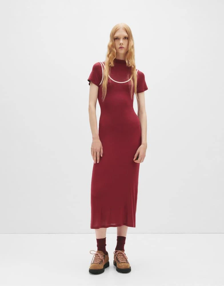 Pull&Bear Pull&Bear Double rib midi dress in burgundy