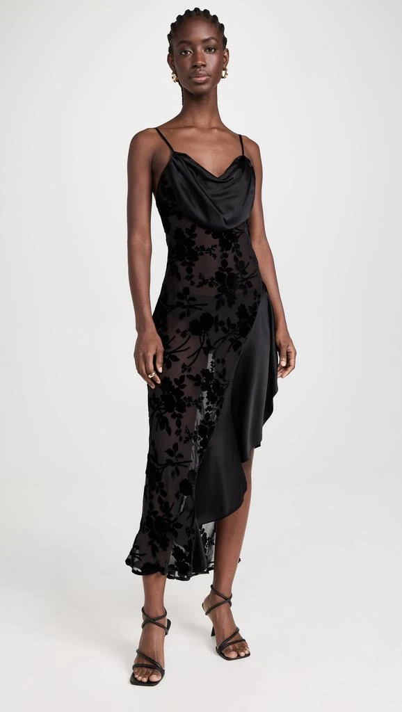 Rodarte Black Floral Burnout Velvet and Satin Asymmetrical Cowl Neck Bias Dress 6
