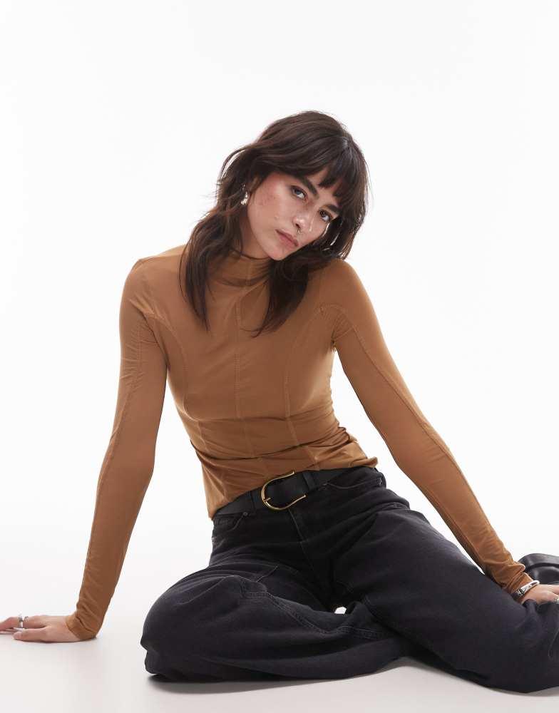 & Other Stories & Other Stories semi sheer jersey top with  mock neck and seam detail in light brown