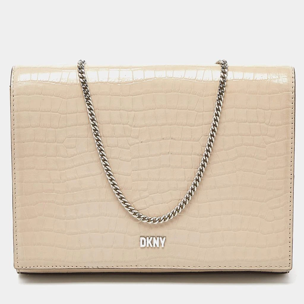DKNY DKNY Beige Croc Embossed Leather Logo Flap Chain Shoulder Bag 1