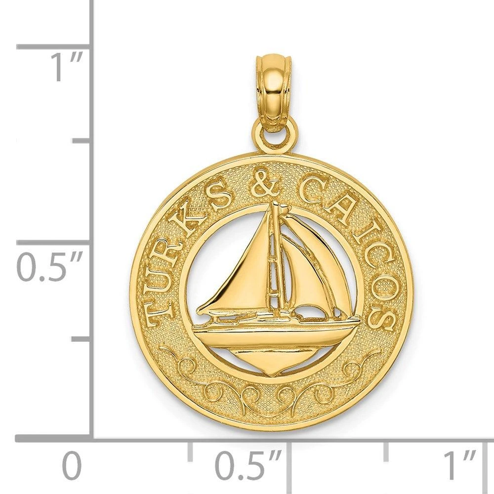 Diamond2Deal 14k Yellow Gold TURKS AND CAICOS Circle with Sailboat Charm Pendant 3