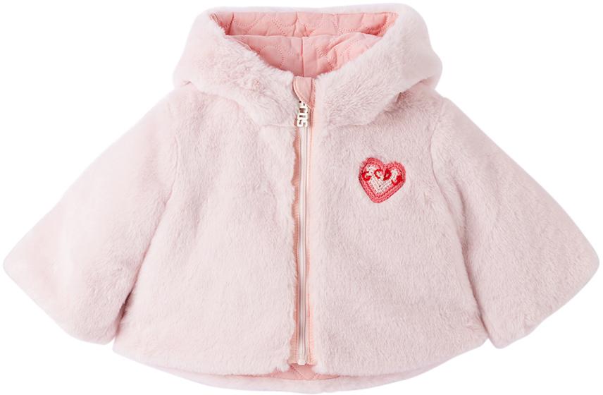 GCDS Kids Baby Pink Heart Faux-Fur Jacket