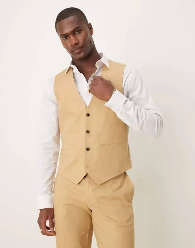 ASOS ASOS DESIGN linen blend slim suit waistcoat in beige