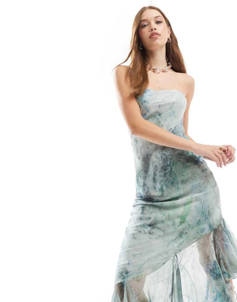 ASOS ASOS DESIGN bandeau maxi dress with asymmetric ruffle hem in marble print 2