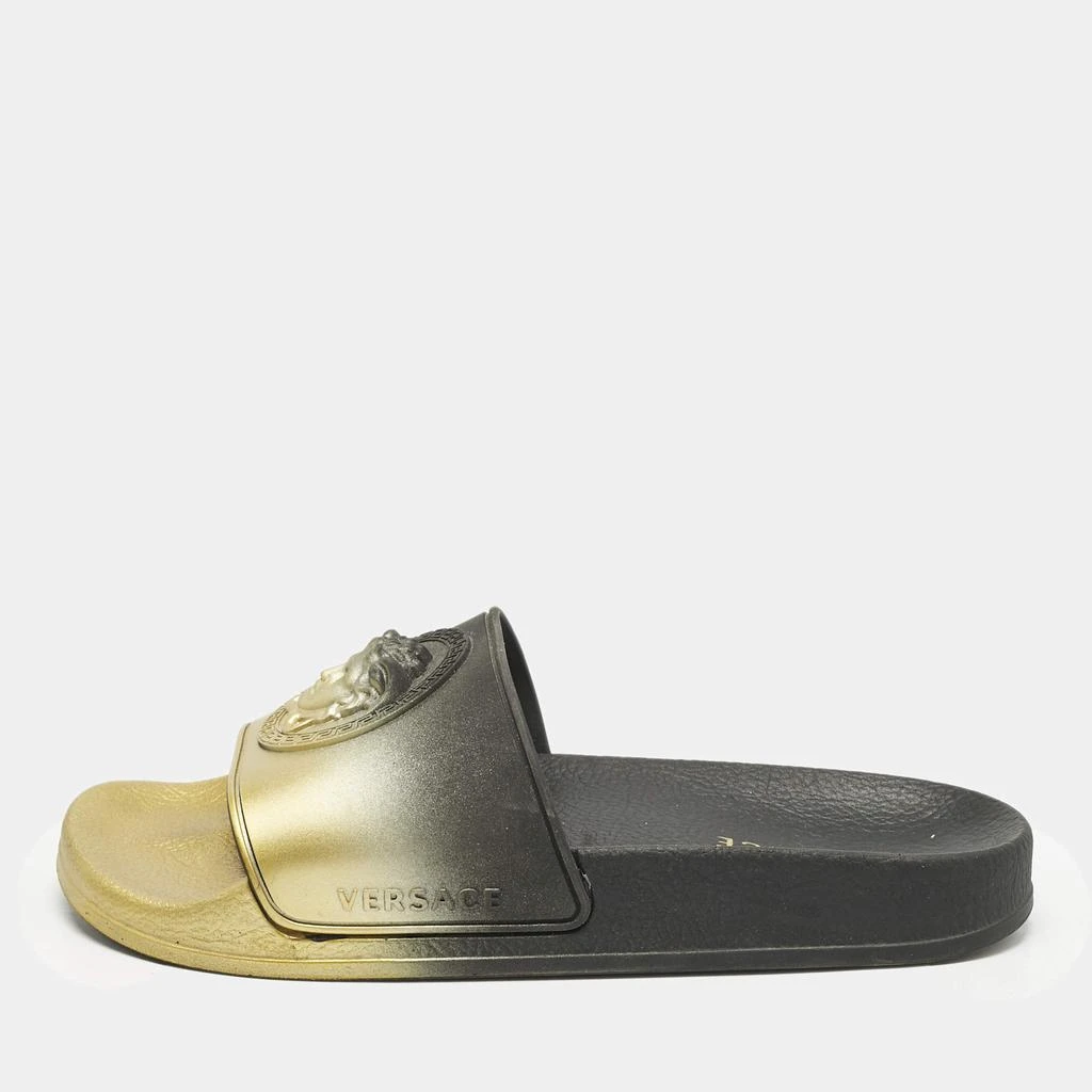 Versace Gold/Black Rubber Medusa Flat Pool Slide Sandals  display picture 1